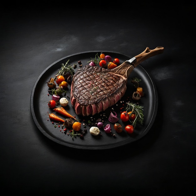 a Tomahawk steak meal showcased in the center of a black chalkboard background