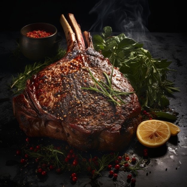 Tomahawk steak with fresh rosemary and mint top view in luxurious michelin kitchen style