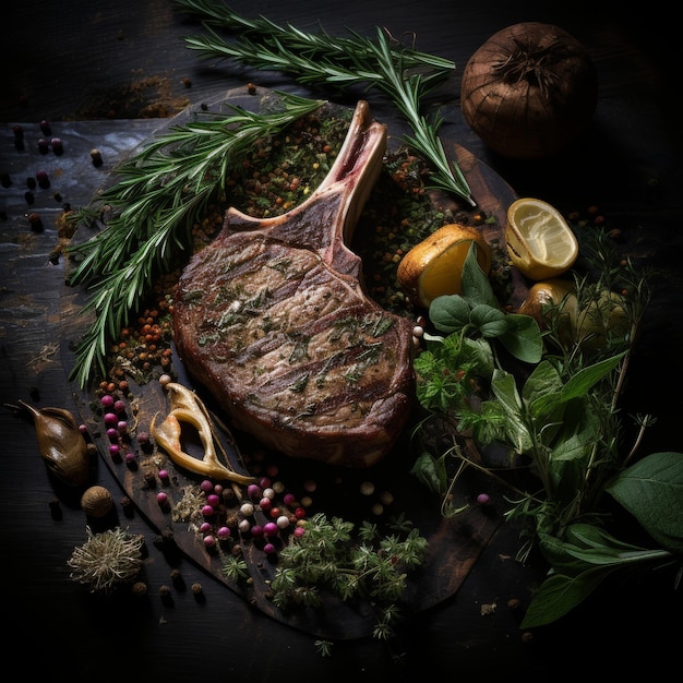 Tomahawk steak with fresh rosemary and mint top view in luxurious michelin kitchen style