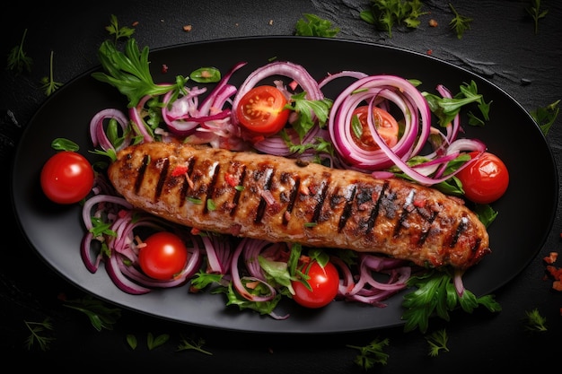 Tomato basil salad with grilled sausage and red onions BBQ menu Banner Top view