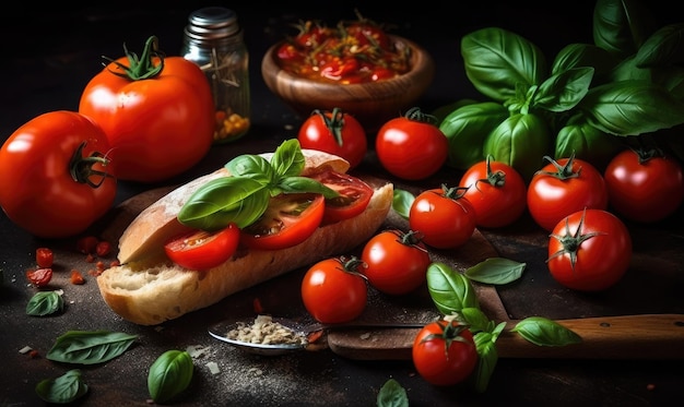 Tomato and basil sandwiches with ingredients Italian Vegetarian or Healthy food concept generative AI