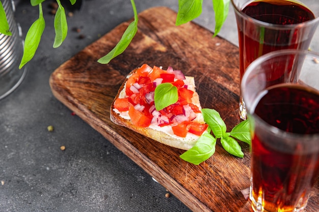 tomato bruschetta basil sandwich snack vegetables healthy meal food snack diet on the table