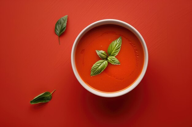 Photo tomato cream soup bowl above view on a red background