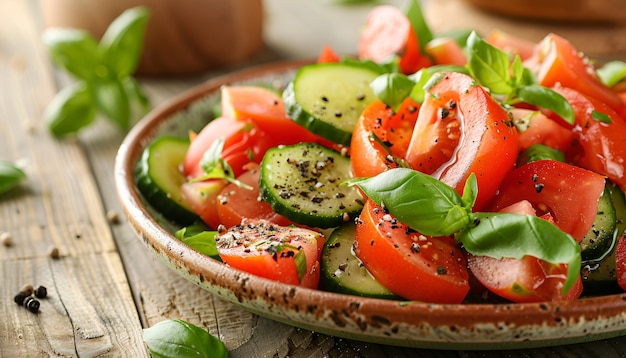 Tomato and cucumber salad with black pepper and basil on wooden table