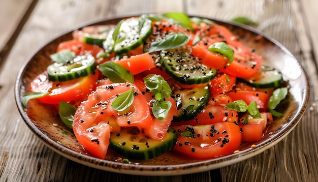 Tomato and cucumber salad with black pepper and basil on wooden table