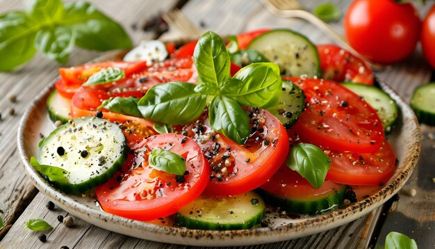 Tomato and cucumber salad with black pepper and basil on wooden table