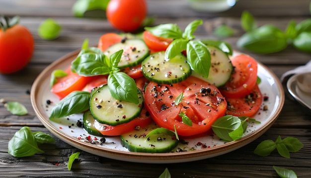 Tomato and cucumber salad with black pepper and basil on wooden table