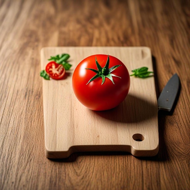 a tomato on a cutting board with a knife and a knife