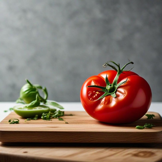 a tomato on a cutting board with a picture of a tomato on it