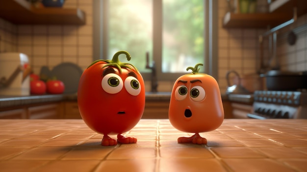 Tomato Friends Chatting In A Pixarstyle Kitchen