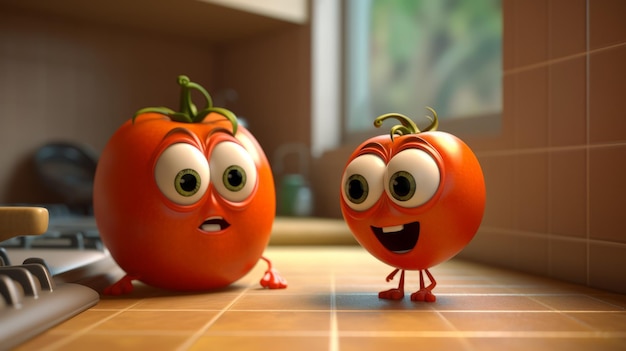 Tomato Friends Chatting In A Pixarstyle Kitchen