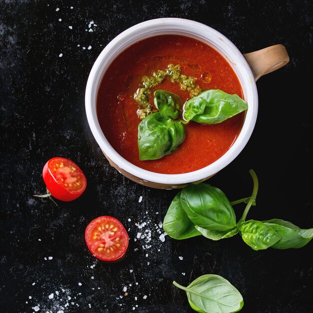 Tomato gazpacho soup with pesto