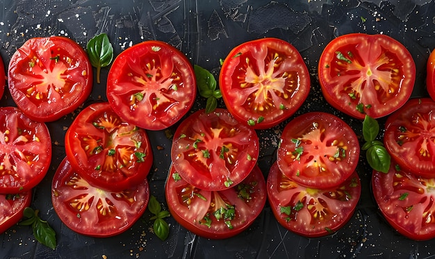 Tomato Halves and Slices Fresh whole tomatoes and sliced tomatoes arranged on a dark background