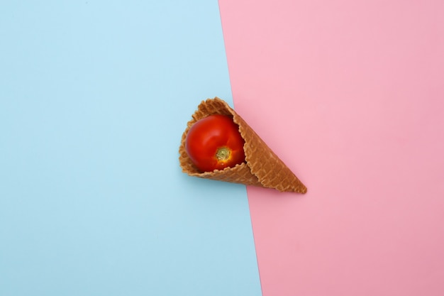 Tomato in ice cream waffle cone on pink blue pastel background. 