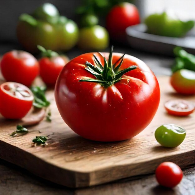 a tomato is on a cutting board with a bunch of other vegetables