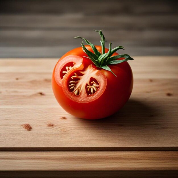 a tomato is on a cutting board with a green leaf on the top