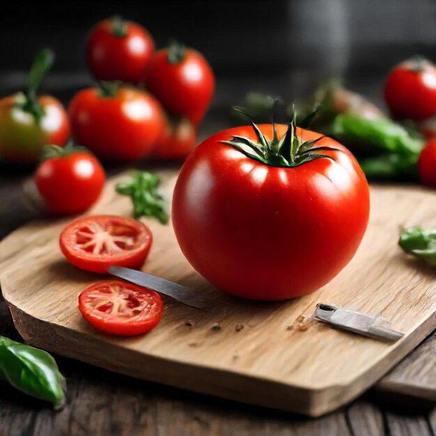 a tomato is on a cutting board with a knife and tomatoes