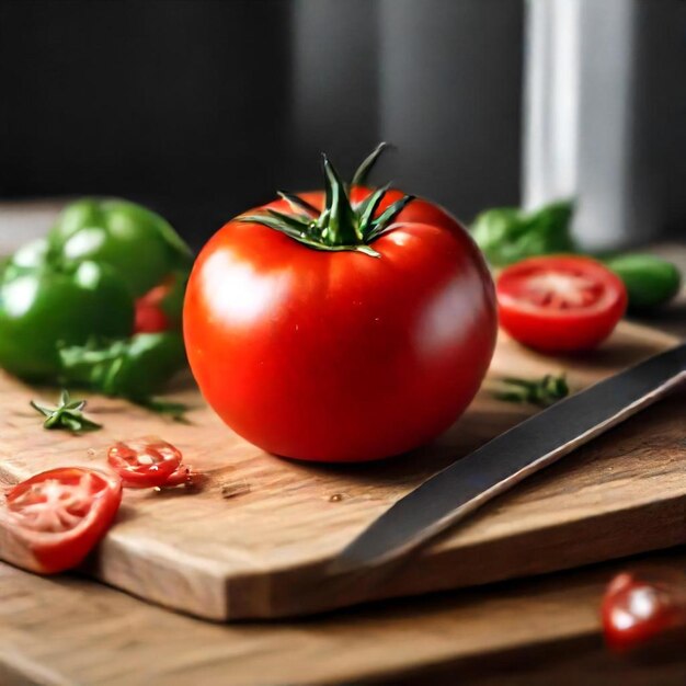 a tomato is on a cutting board with a knife