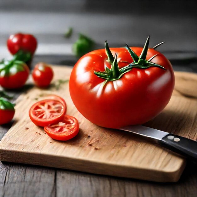 a tomato is on a cutting board with a knife