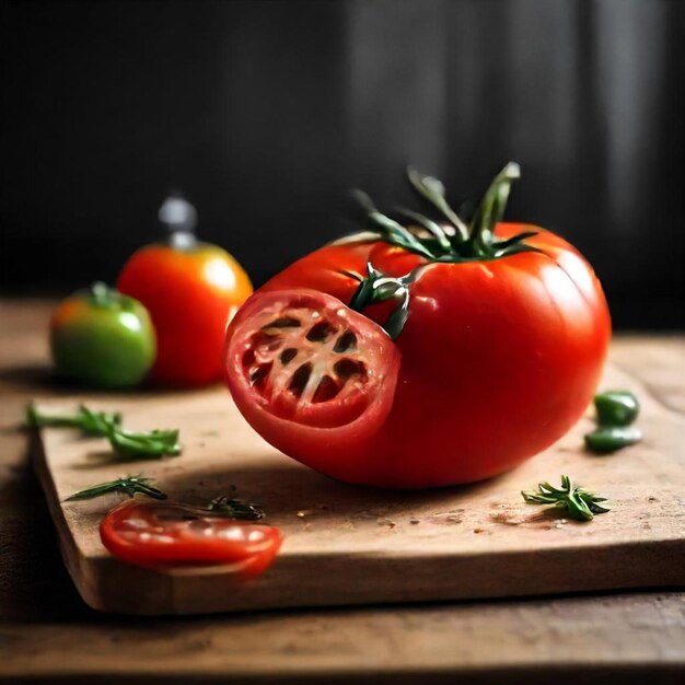 a tomato is on a cutting board with a tomato on it