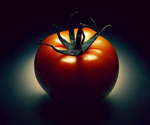 A tomato is sitting on a dark background with the word tomato on it.