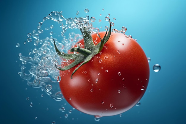 A tomato is in the water with a green stem.