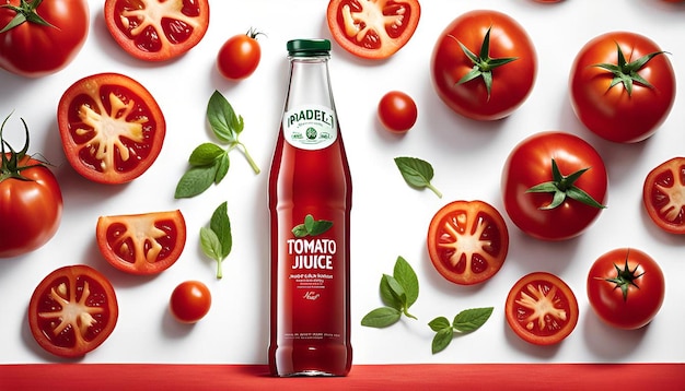 Photo tomato juice bottle and glass