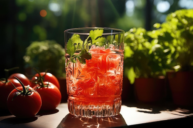 Tomato juice in a glass and fresh tomatoes