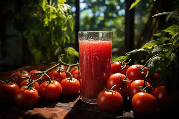 Tomato juice in a glass and fresh tomatoes