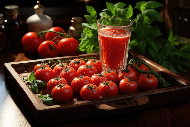 Tomato juice in a glass and fresh tomatoes