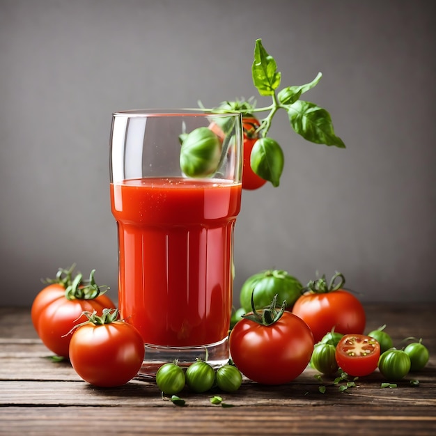 Tomato juice in a glass and tomatoes with green sepals isolate on wooden table Ai Generated