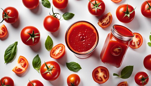 Photo tomato juice and tomatoes on a white background