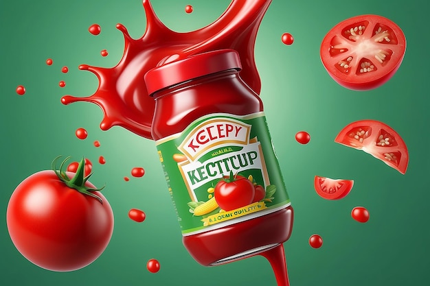 Photo tomato ketchup ad with tomato sauce flow effect green background 3d illustration