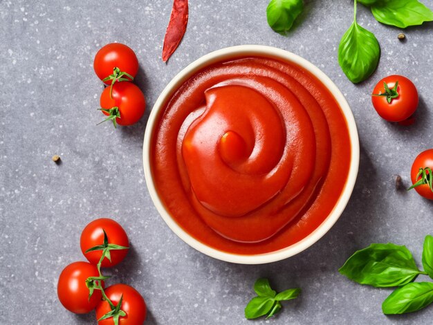 Tomato ketchup sauce in a bowl with chili basil and tomatoes Ingredients for cooking ketchup