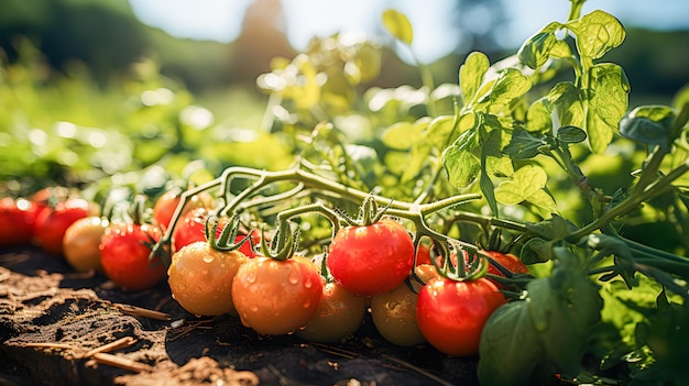 Tomato plant in an orchard with fresh tomatoes Organic vegetables and healthy food Vegan world day Genertive ai