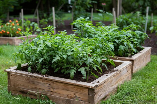 Tomato plants planted in wooden boxes garden plantation