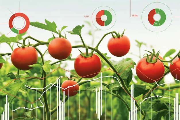 Photo tomato plants with data analytics visualization in a greenhouse