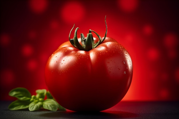 A tomato on a red background with green leaves