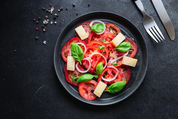 Tomato salad veggie vegetable basil diet on the table summer healthy food diet