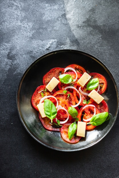 tomato salad veggie vegetable cheese onion diet vitamin on the table healthy food