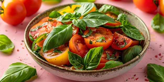 Tomato Salad with Fresh Basil Flat Lay on Pink Background Concept Food Photography Flat Lay Composition Colorful Ingredients Styling with Fresh Herbs