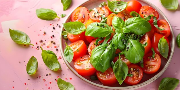 Tomato Salad with Fresh Basil in a Flat Lay Style on Pink Background Concept Food Styling Fresh Ingredients Vibrant Colors Flat Lay Pink Aesthetic