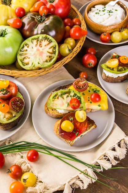 Tomato sandwich made with organic heirloom tomatoes.