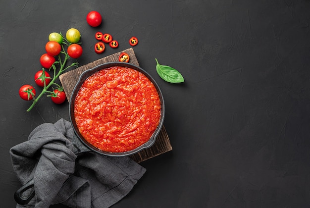 Tomato sauce in a frying pan on a wooden board on a black background marinara sauce with basil