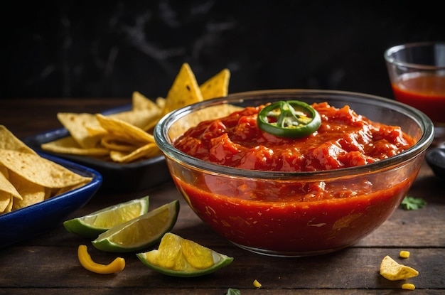 Photo tomato sauce on glass bowl and nachos