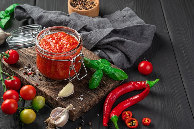 Tomato sauce in a glass jar on the background of the ingredient. Marinara sauce with pepper and basil, dressing for pasta, pizza.