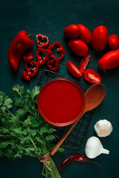 Tomato sauce tomatoes and sweet pepper Georgian Satsebeli sauce with ingredients on a dark background top view closeup no people