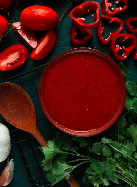 Tomato sauce tomatoes and sweet pepper Georgian Satsebeli sauce with ingredients on a dark background top view closeup no people