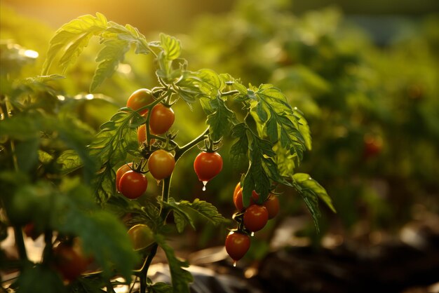 Tomato seedlings basking in the golden glow of the rising sun flourishing amidst the vibrant field