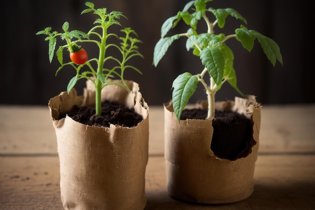 Tomato seedlings in eco pots with a wooden background ready for transplanting or pricking out